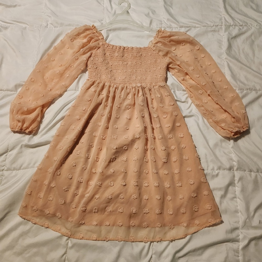 Peach Long-sleeved Swiss Dot Mini Dress Square Neckline and Smocked Bodice Sz M